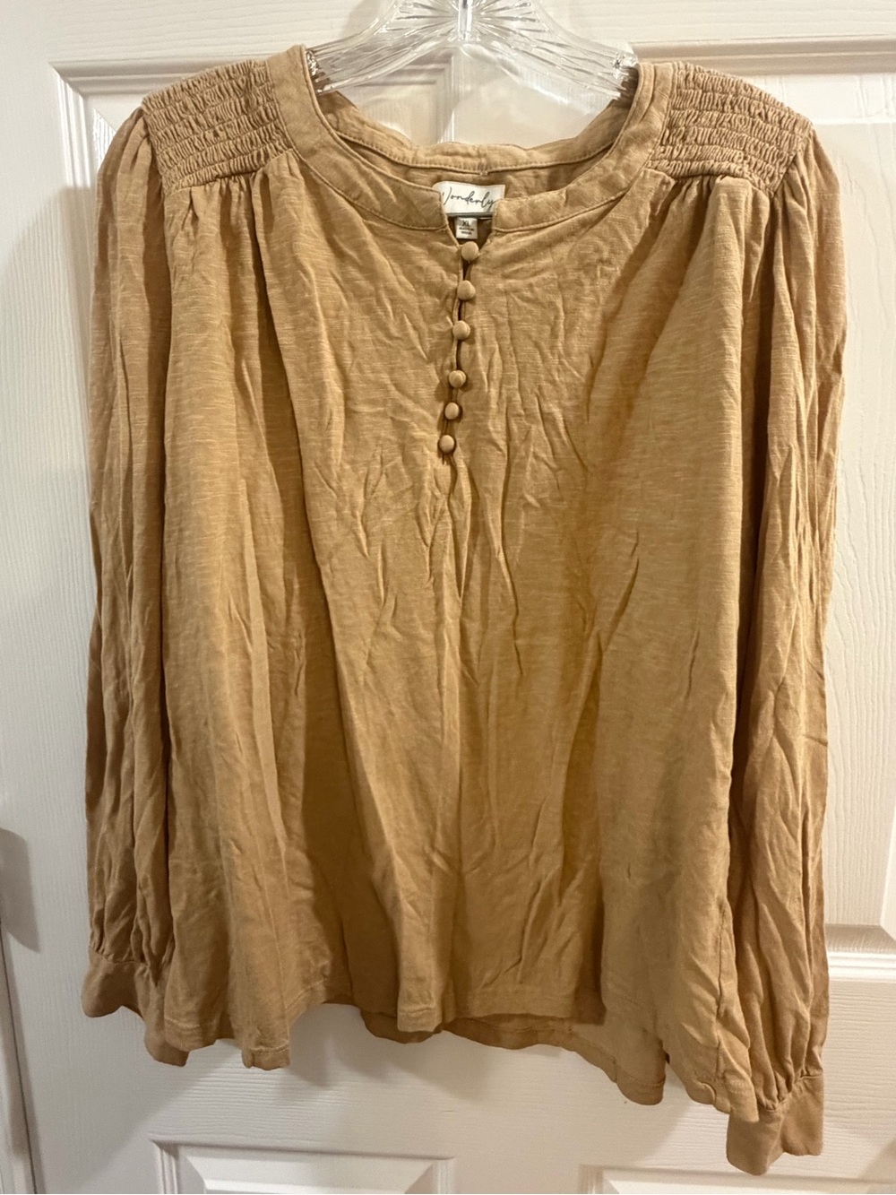 Wonderly Tan Button-Front Long Sleeve Blouse